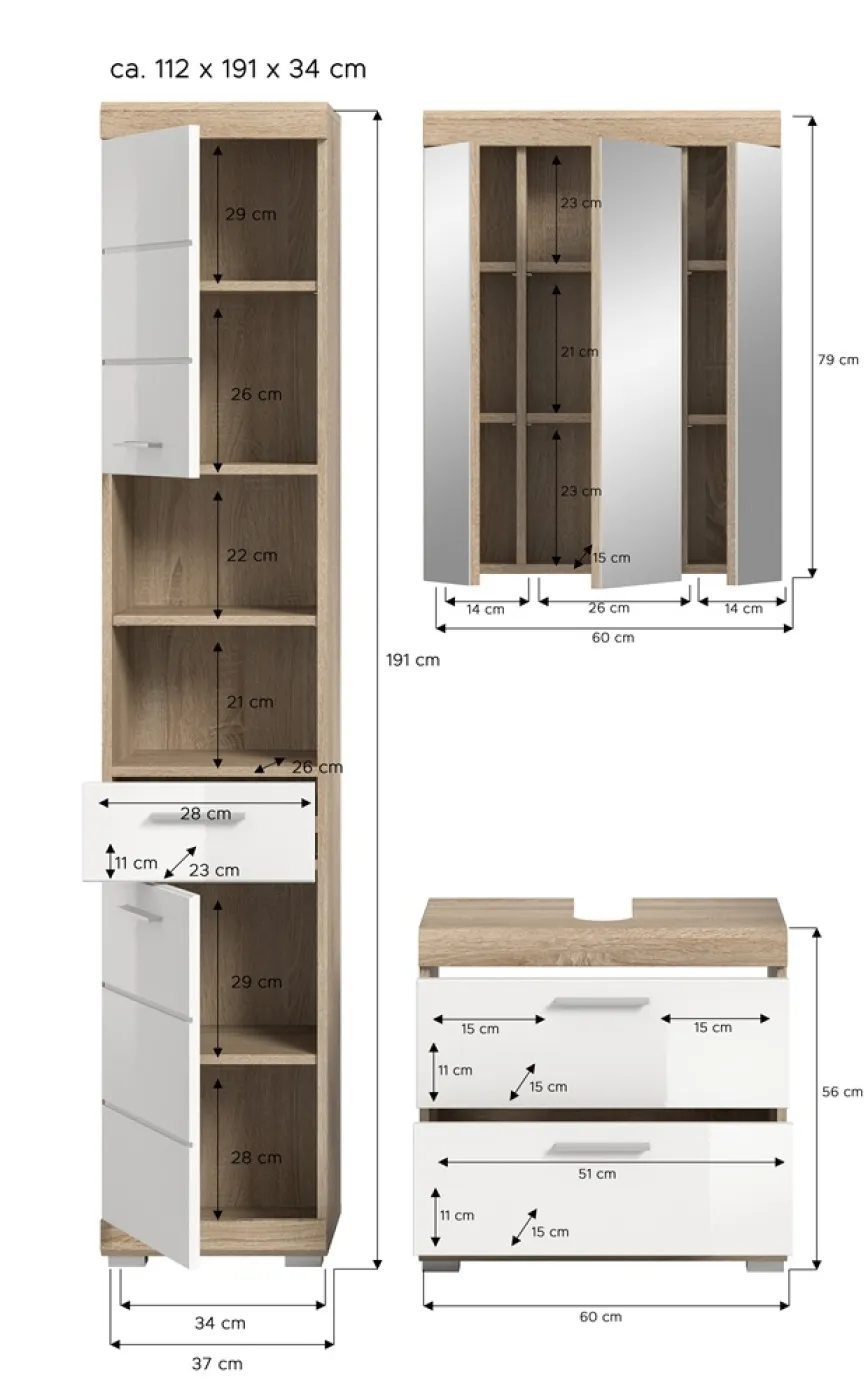 Badezimmer-Set Lambada 3 | weiß Hochglanz / Sonoma Eiche hell | 3-teilig | optional Beleuchtung