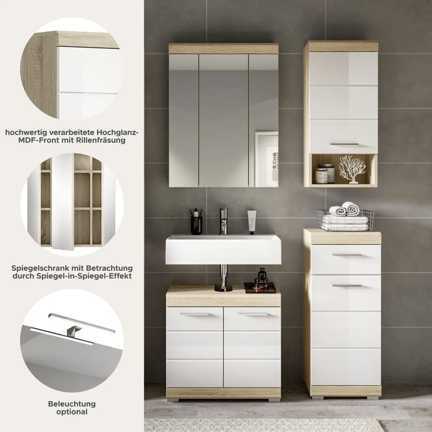 Badezimmer-Set Lambada | weiß Hochglanz / Sonoma Eiche hell | 4-teilig