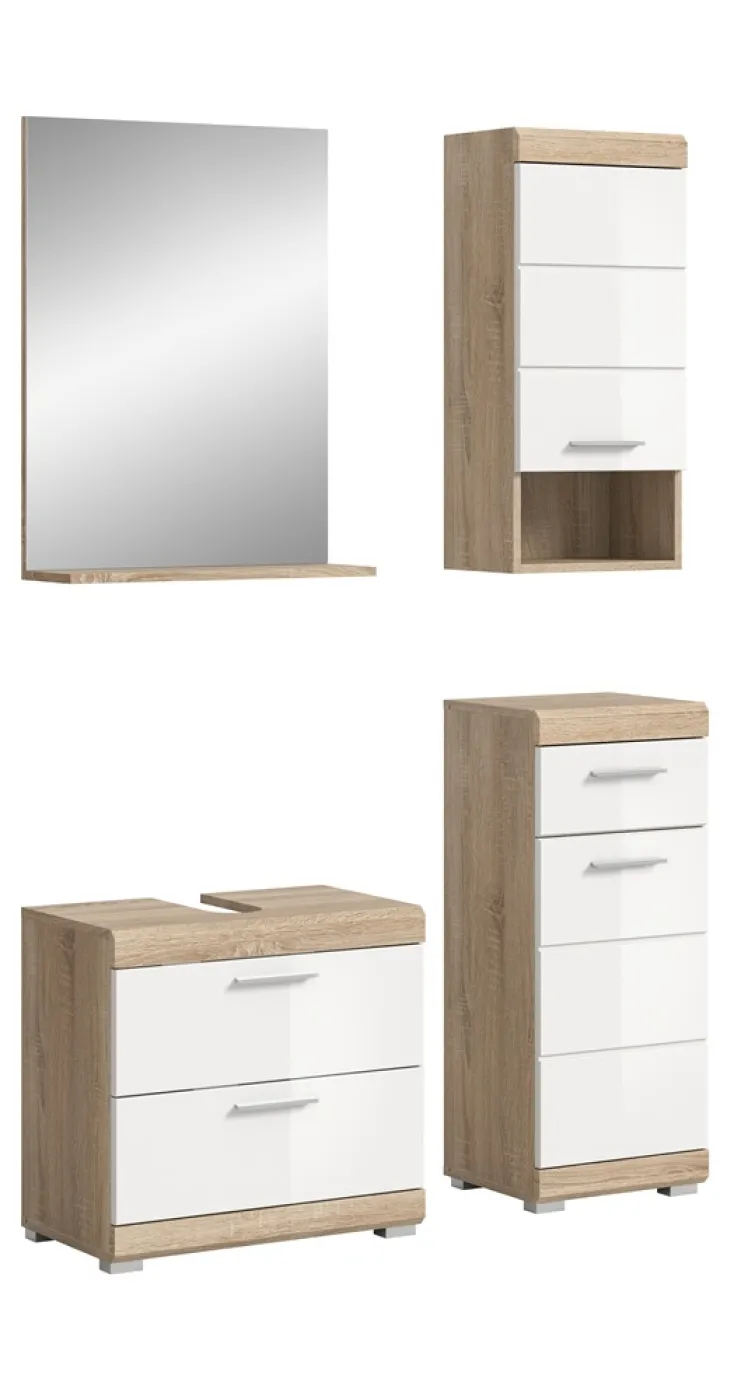Badezimmer-Set Lambada 4 | weiß Hochglanz / Sonoma Eiche hell | 4-teilig | mit Aufsatzleuchte