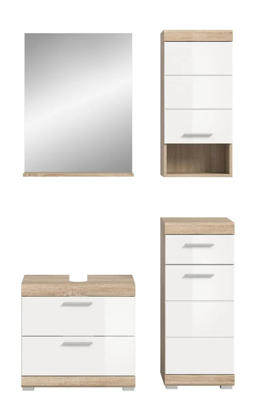 Badezimmer-Set Lambada 4 | weiß Hochglanz / Sonoma Eiche hell | 4-teilig | mit Aufsatzleuchte
