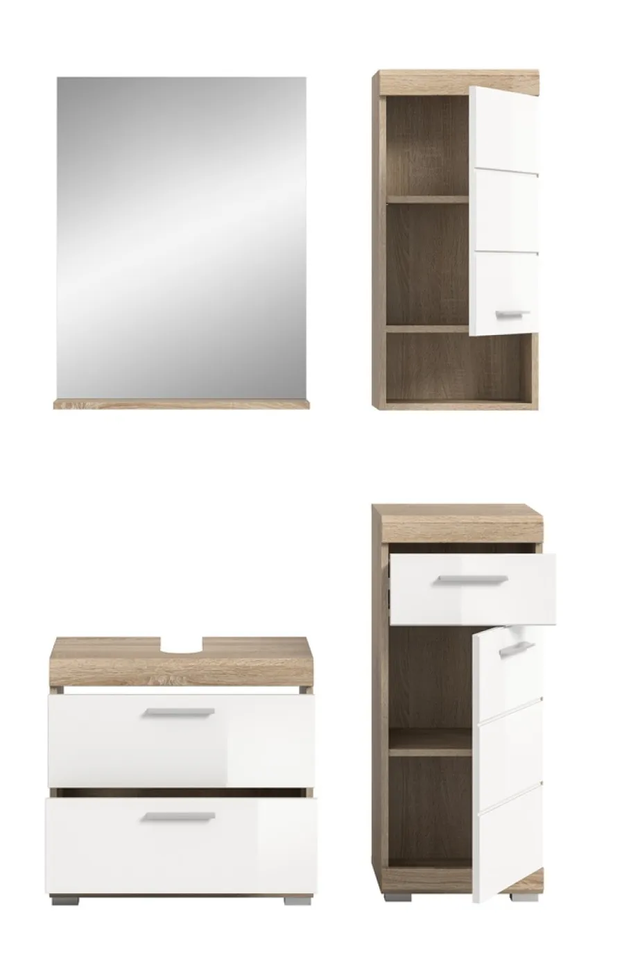 Badezimmer-Set Lambada 4 | weiß Hochglanz / Sonoma Eiche hell | 4-teilig | mit Aufsatzleuchte