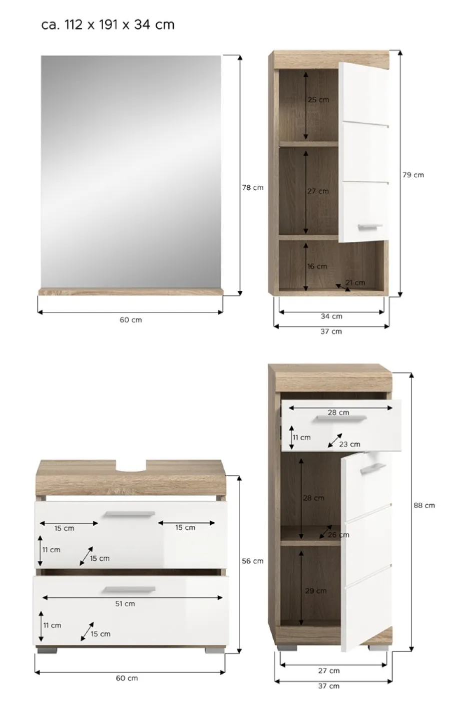 Badezimmer-Set Lambada 4 | weiß Hochglanz / Sonoma Eiche hell | 4-teilig | mit Aufsatzleuchte