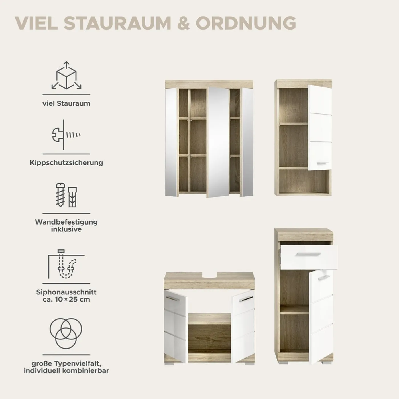 Badezimmer-Set Lambada | weiß Hochglanz / Sonoma Eiche hell | 4-teilig ohne Aufsatzleuchte