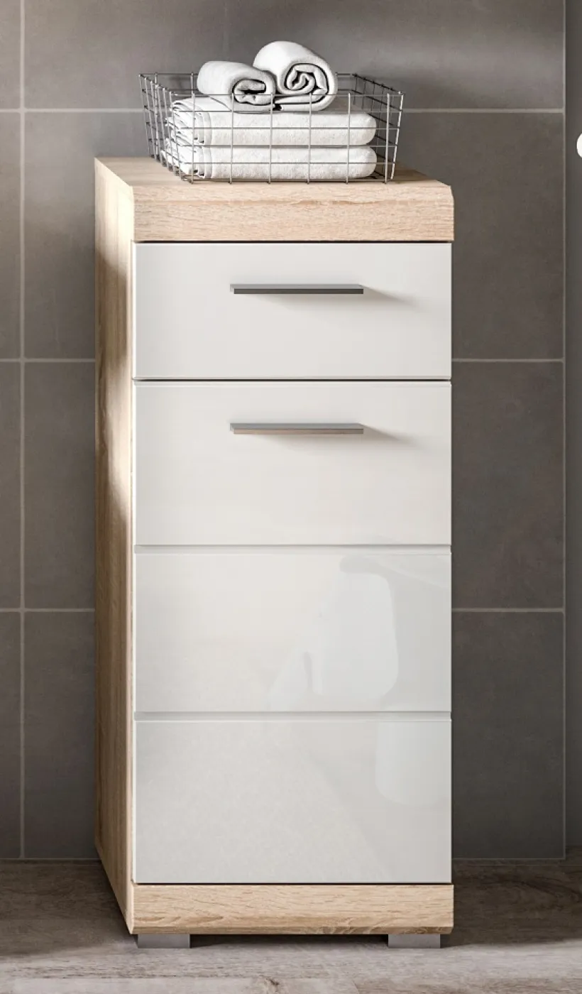 Badezimmer-Set Lambada | weiß Hochglanz / Sonoma Eiche hell | 4-teilig ohne Aufsatzleuchte