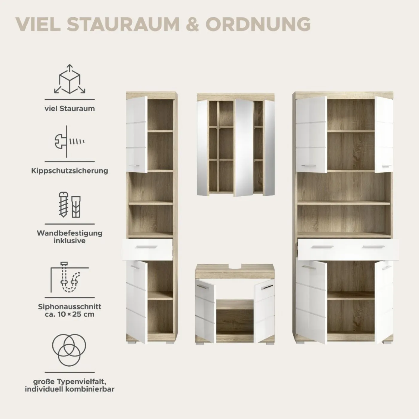 Badezimmer-Set Lambada 4 | weiß Hochglanz / Sonoma Eiche hell | 4-teilig | optional Beleuchtung