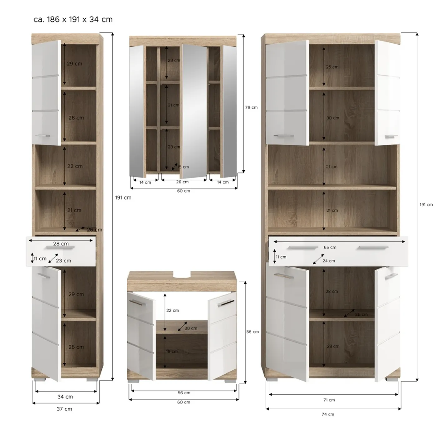 Badezimmer-Set Lambada 4 | weiß Hochglanz / Sonoma Eiche hell | 4-teilig | optional Beleuchtung