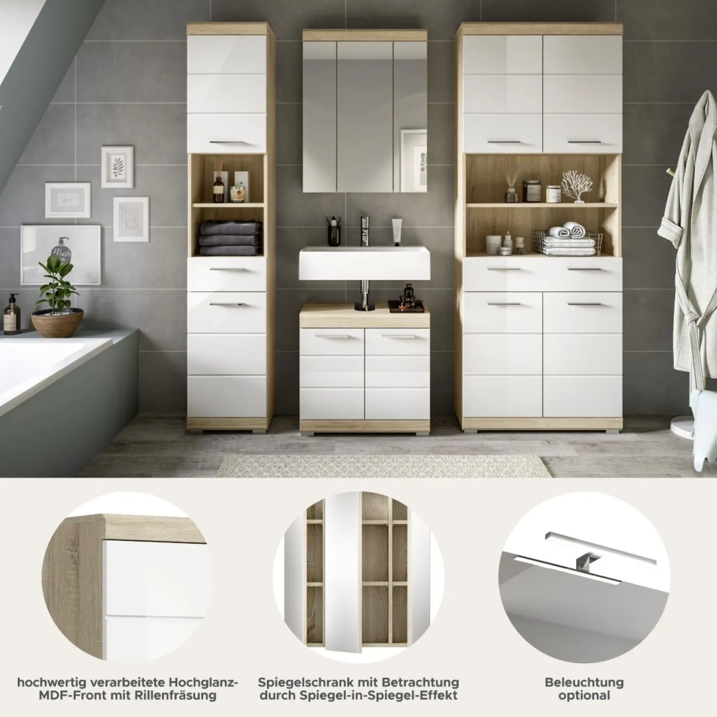 Badezimmer-Set Lambada 4 | weiß Hochglanz / Sonoma Eiche hell | 4-teilig | optional Beleuchtung