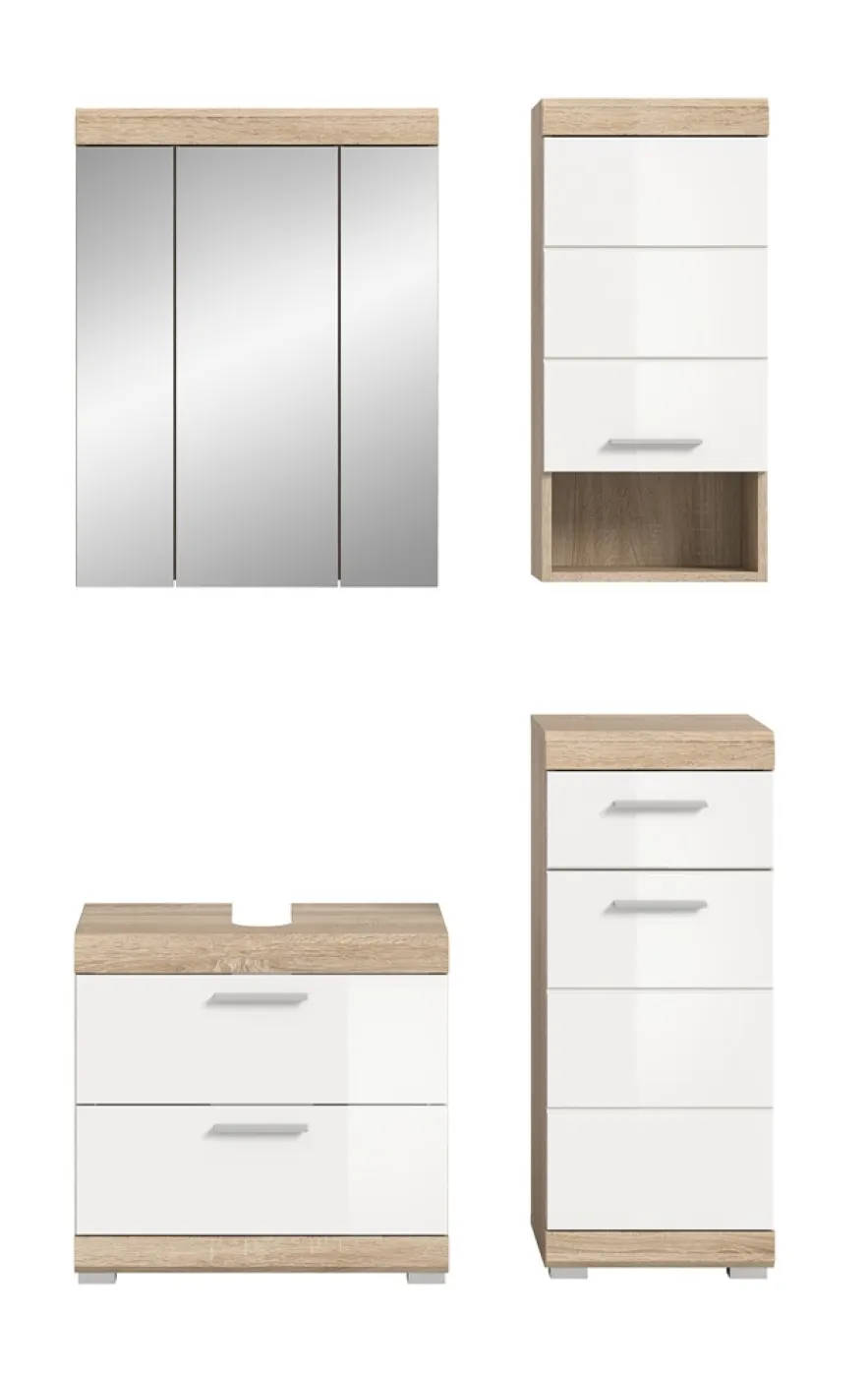 Badezimmer-Set Lambada 7 | weiß Hochglanz / Sonoma Eiche hell | 4-teilig | optional Beleuchtung