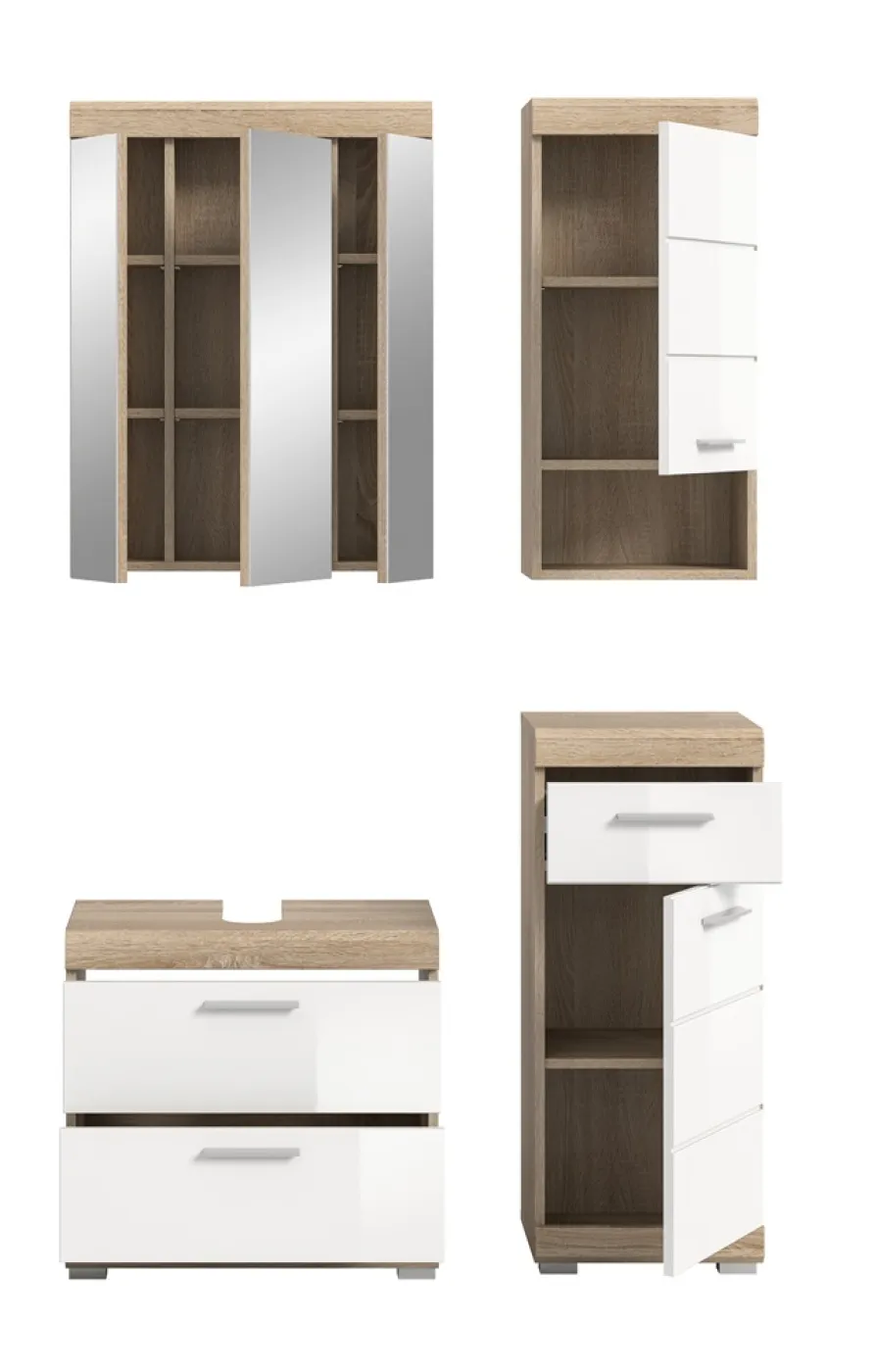 Badezimmer-Set Lambada 7 | weiß Hochglanz / Sonoma Eiche hell | 4-teilig | optional Beleuchtung