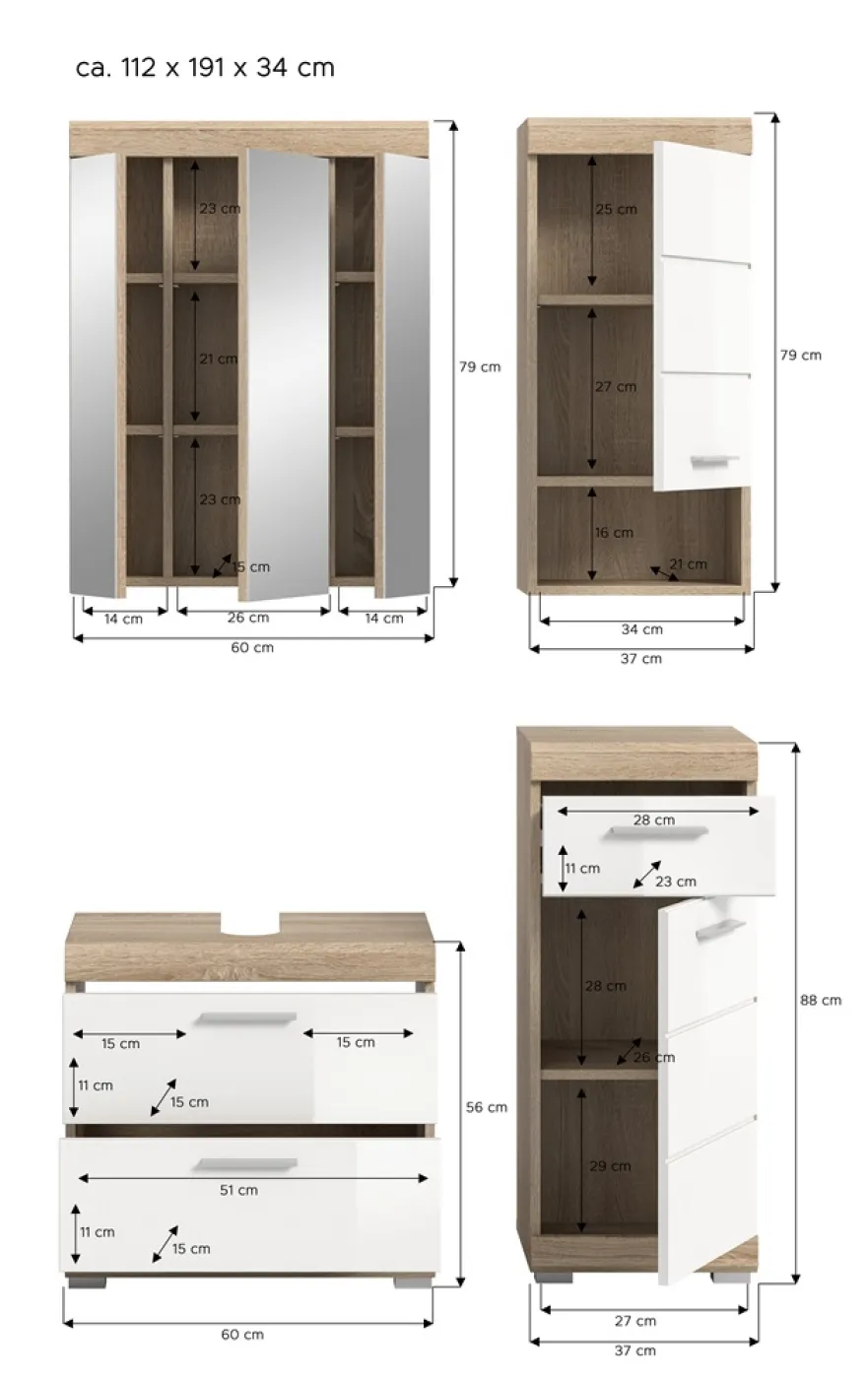 Badezimmer-Set Lambada 7 | weiß Hochglanz / Sonoma Eiche hell | 4-teilig | optional Beleuchtung