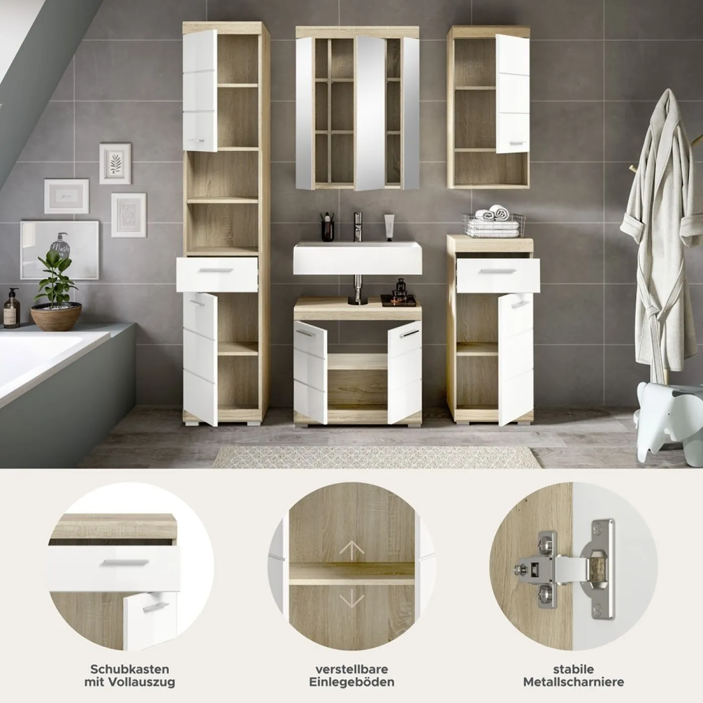Badezimmer-Set Lambada | weiß Hochglanz / Sonoma Eiche hell | 5-teilig mit Aufsatzleuchte