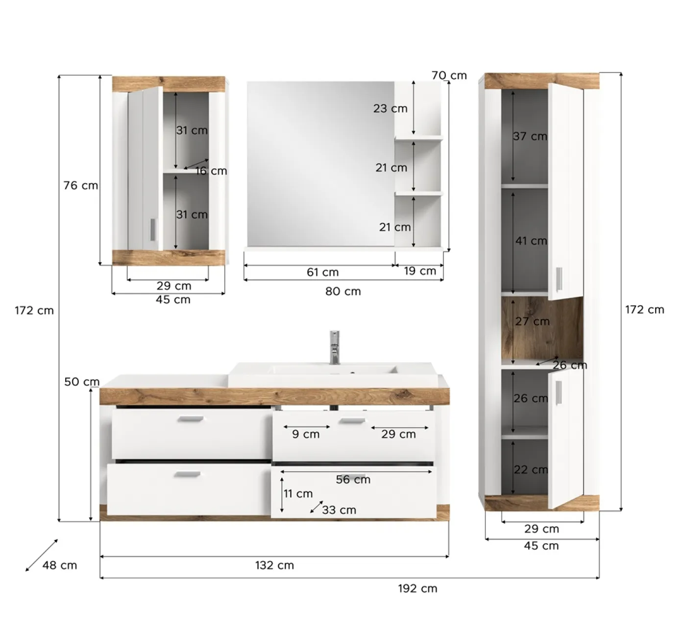 Badezimmer-Set Laredo | Nox Oak / weiß | 4-teilig ohne Handtuchhalter