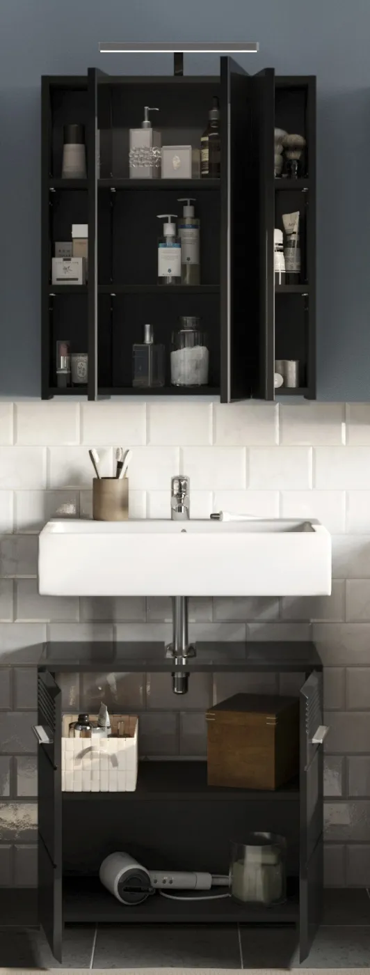 Badezimmer-Set Linus | schwarz Hochglanz | 2-teilig mit Aufsatzleuchte