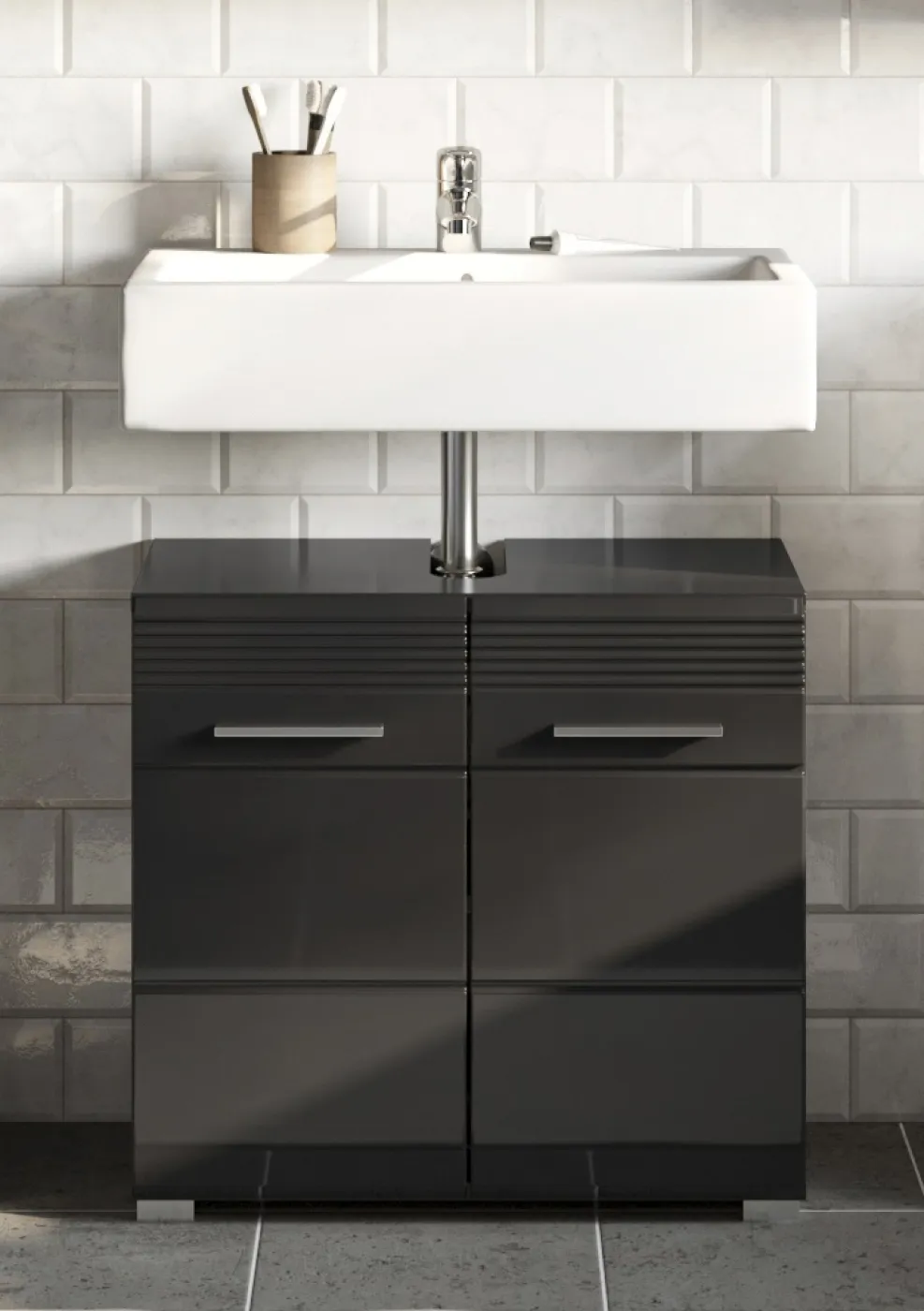 Badezimmer-Set Linus | schwarz Hochglanz | 2-teilig mit Aufsatzleuchte