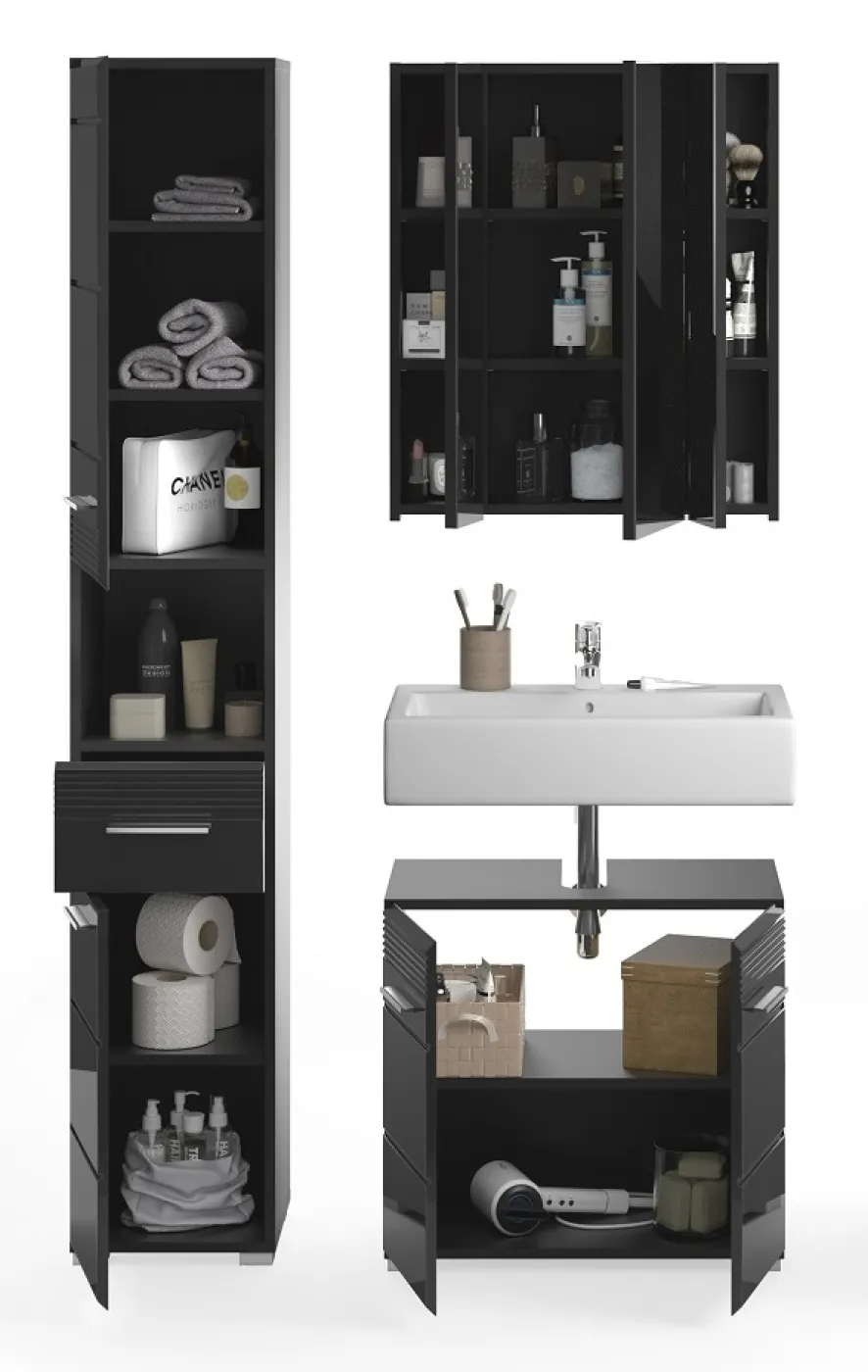 Badezimmer Set Linus | schwarz Hochglanz | 3-teilig
