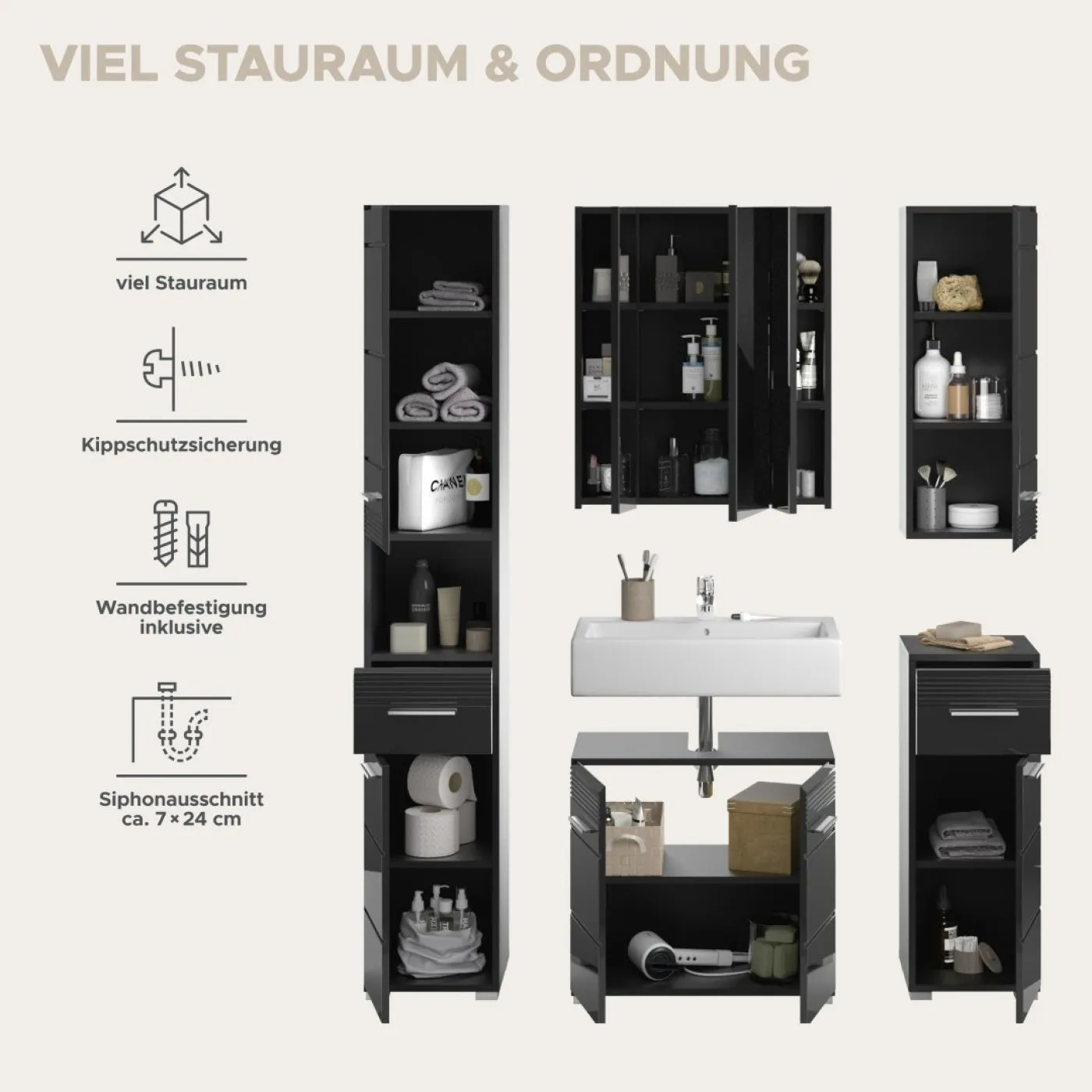 Badezimmer-Set Linus | schwarz Hochglanz | 5-teilig