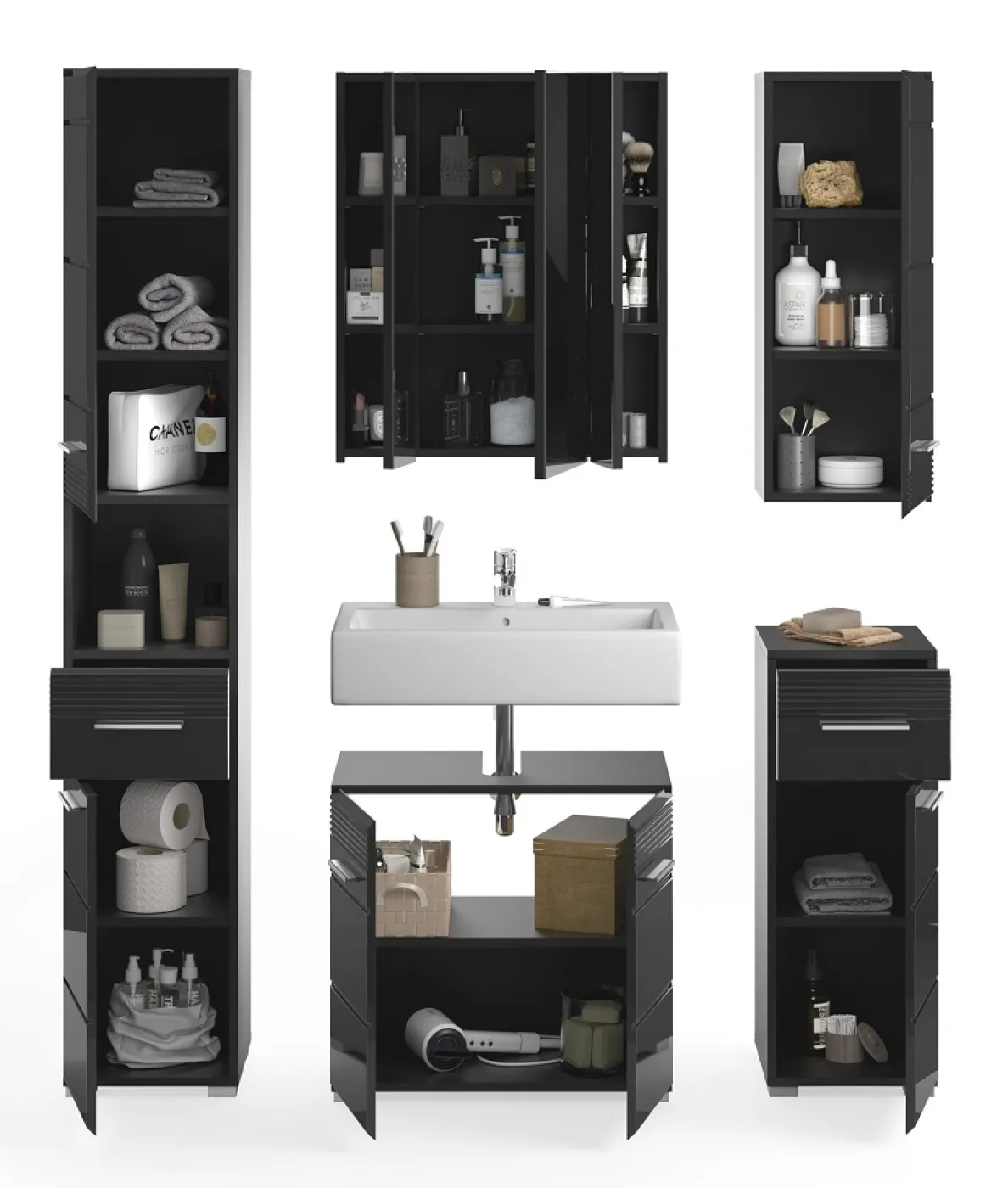 Badezimmer-Set Linus | schwarz Hochglanz | 5-teilig mit Aufsatzleuchte