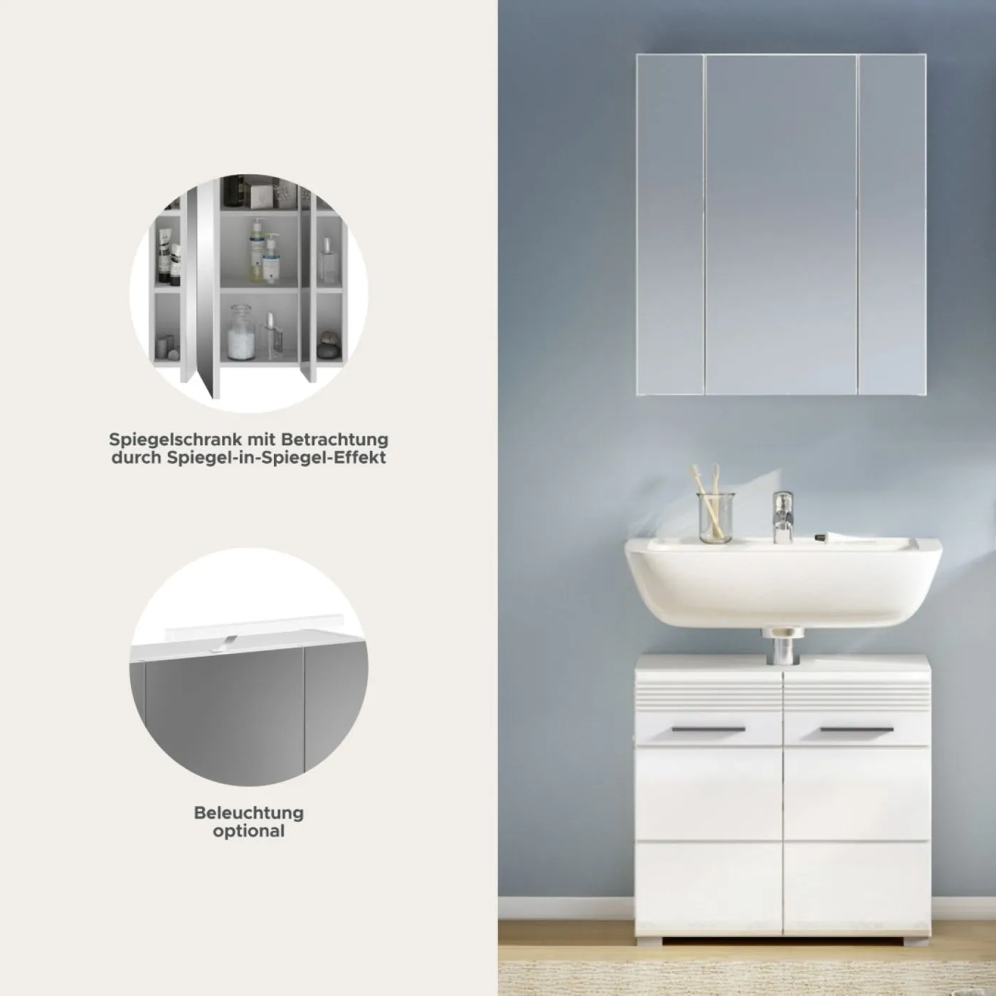 Badezimmer-Set Linus | weiß Hochglanz | 2-teilig mit Aufsatzleuchte