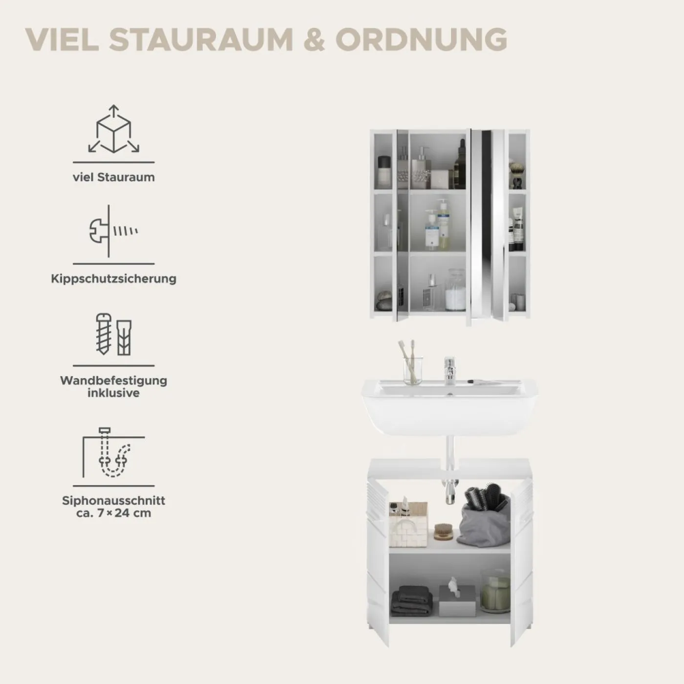 Badezimmer-Set Linus | weiß Hochglanz | 2-teilig mit Aufsatzleuchte