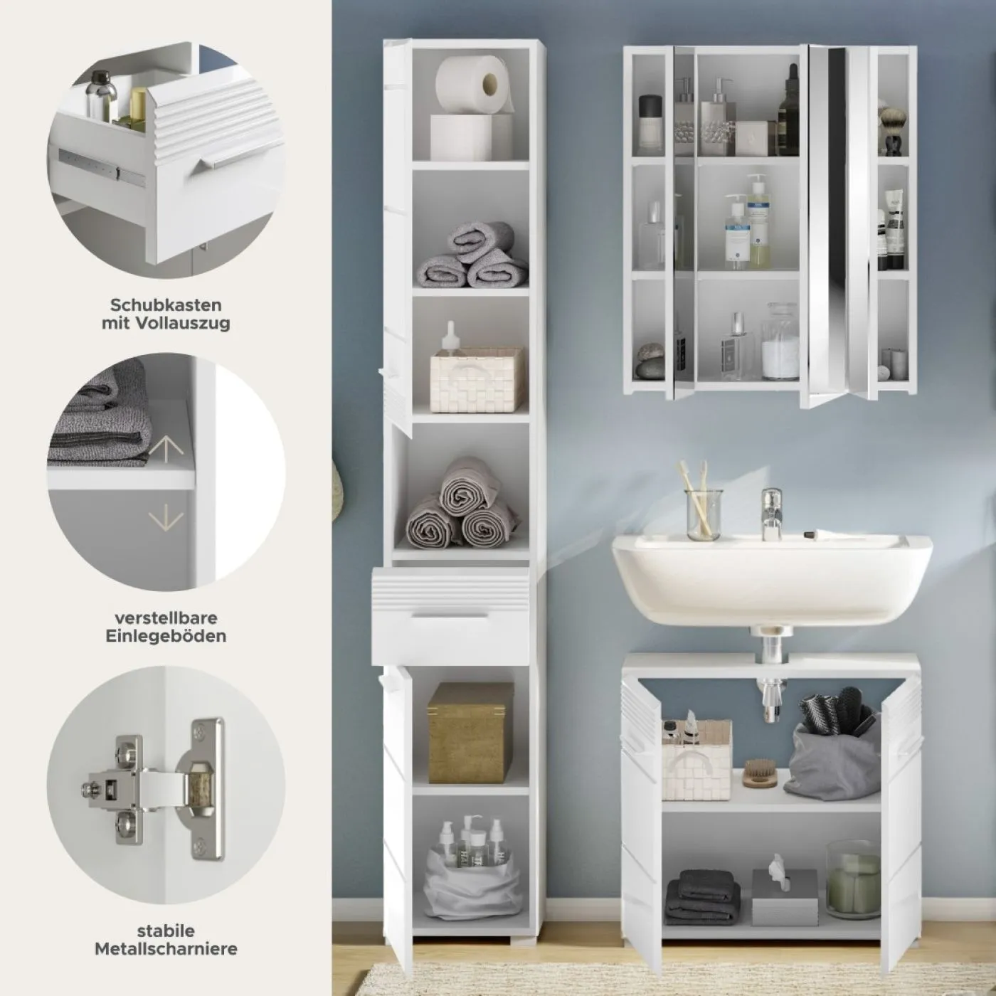 Badezimmer Set Linus | weiß Hochglanz | 3-teilig ohne Aufsatzleuchte