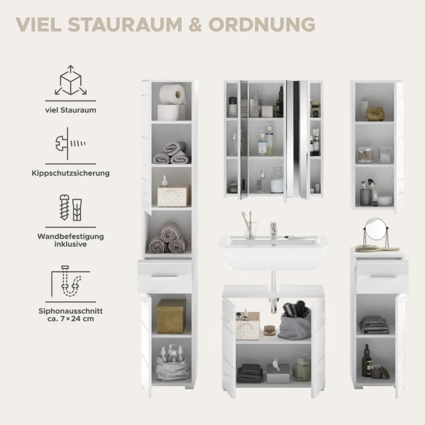 Badezimmer-Set Linus| weiß Hochglanz | 5-teilig mit Aufsatzleuchte