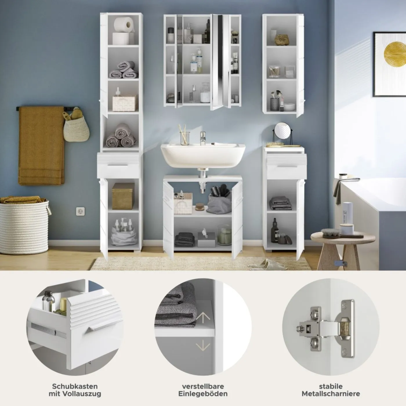 Badezimmer-Set Linus| weiß Hochglanz | 5-teilig ohne Aufsatzleuchte