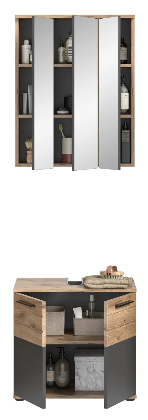 Badezimmer-Set Mason | Nox Oak / Basalt grau | 2-teilig mit Aufsatzleuchte