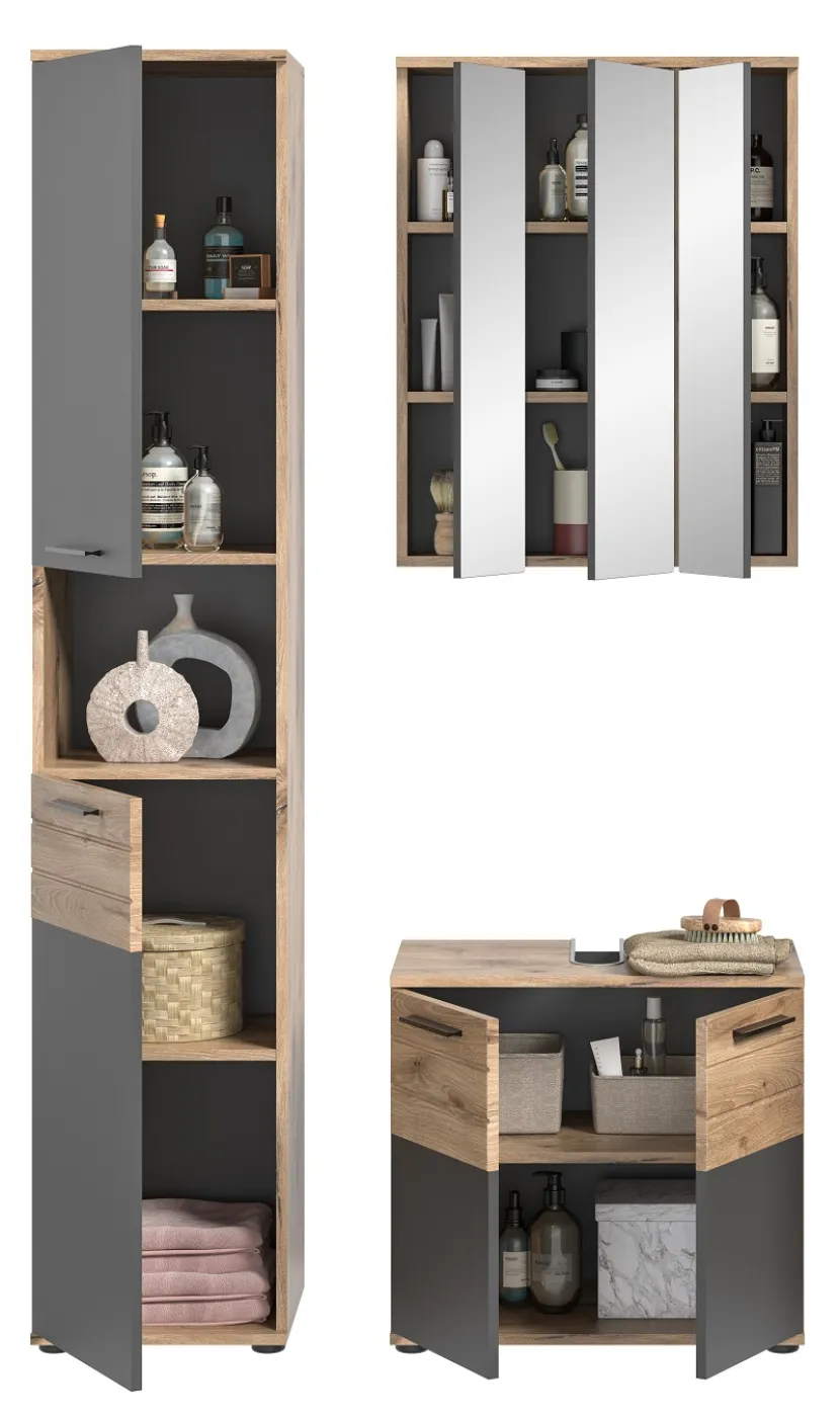 Badezimmer Set Mason | Nox Oak / Basalt grau | 3-teilig mit Aufsatzleuchte
