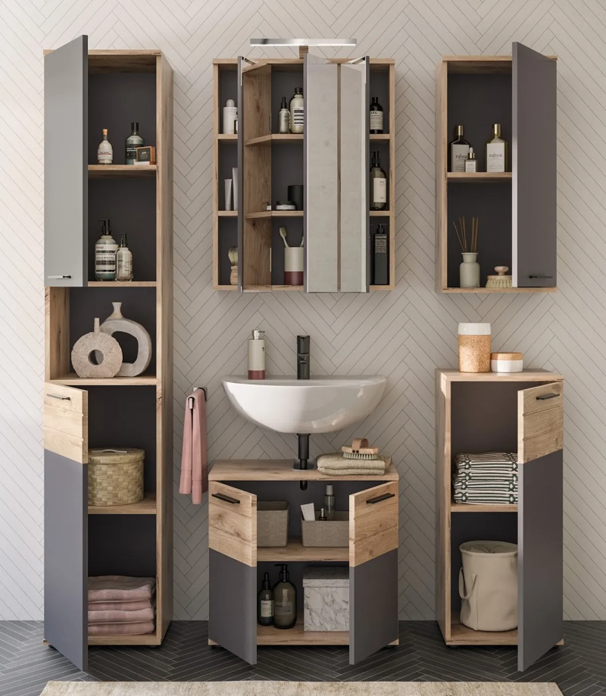 Badezimmer-Set Mason | Nox Oak / Basalt grau | 5-teilig mit Aufsatzleuchte