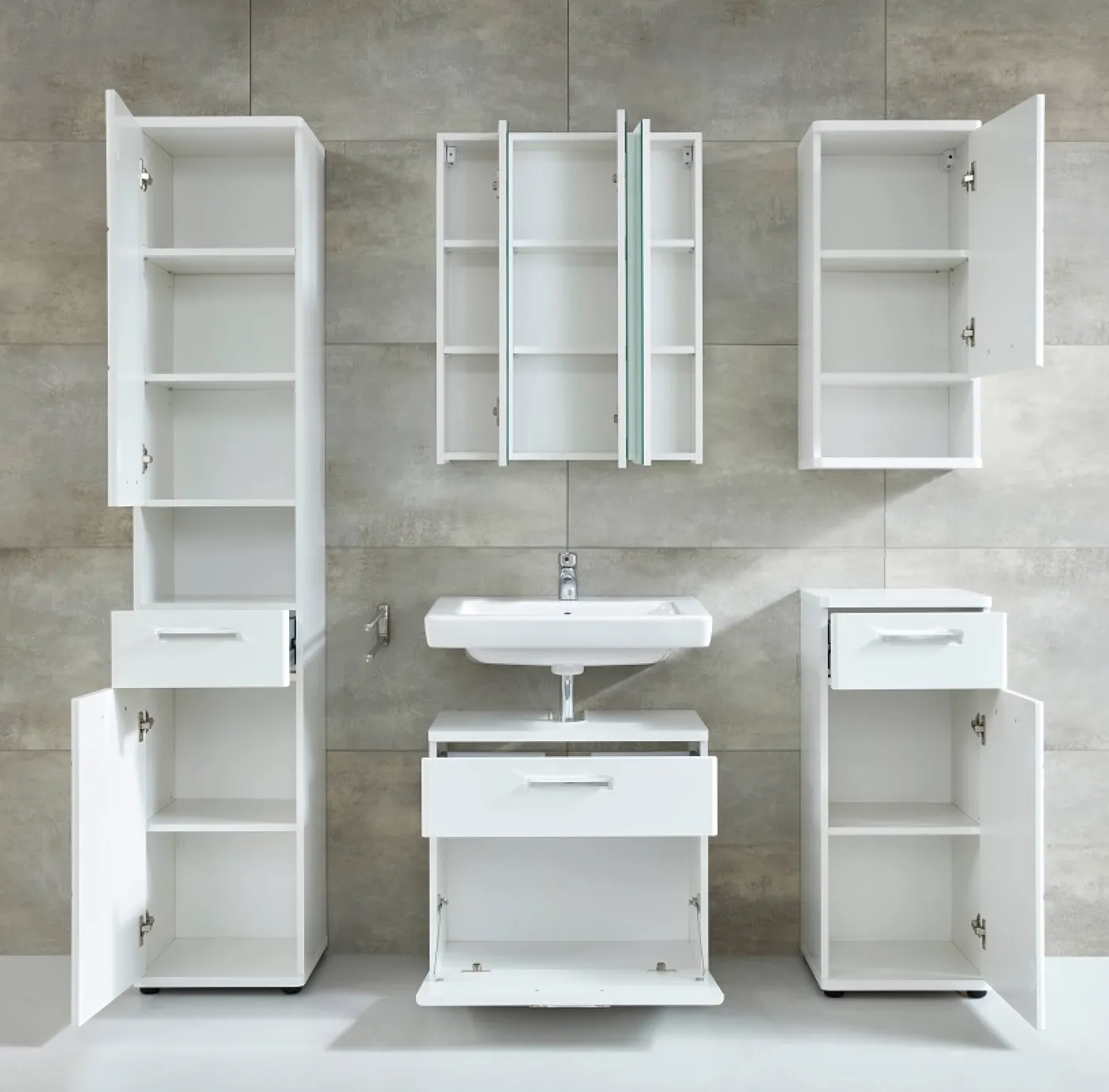 Badezimmer-Set Monte | weiß Hochglanz | 5-teilig mit Aufsatzleuchte