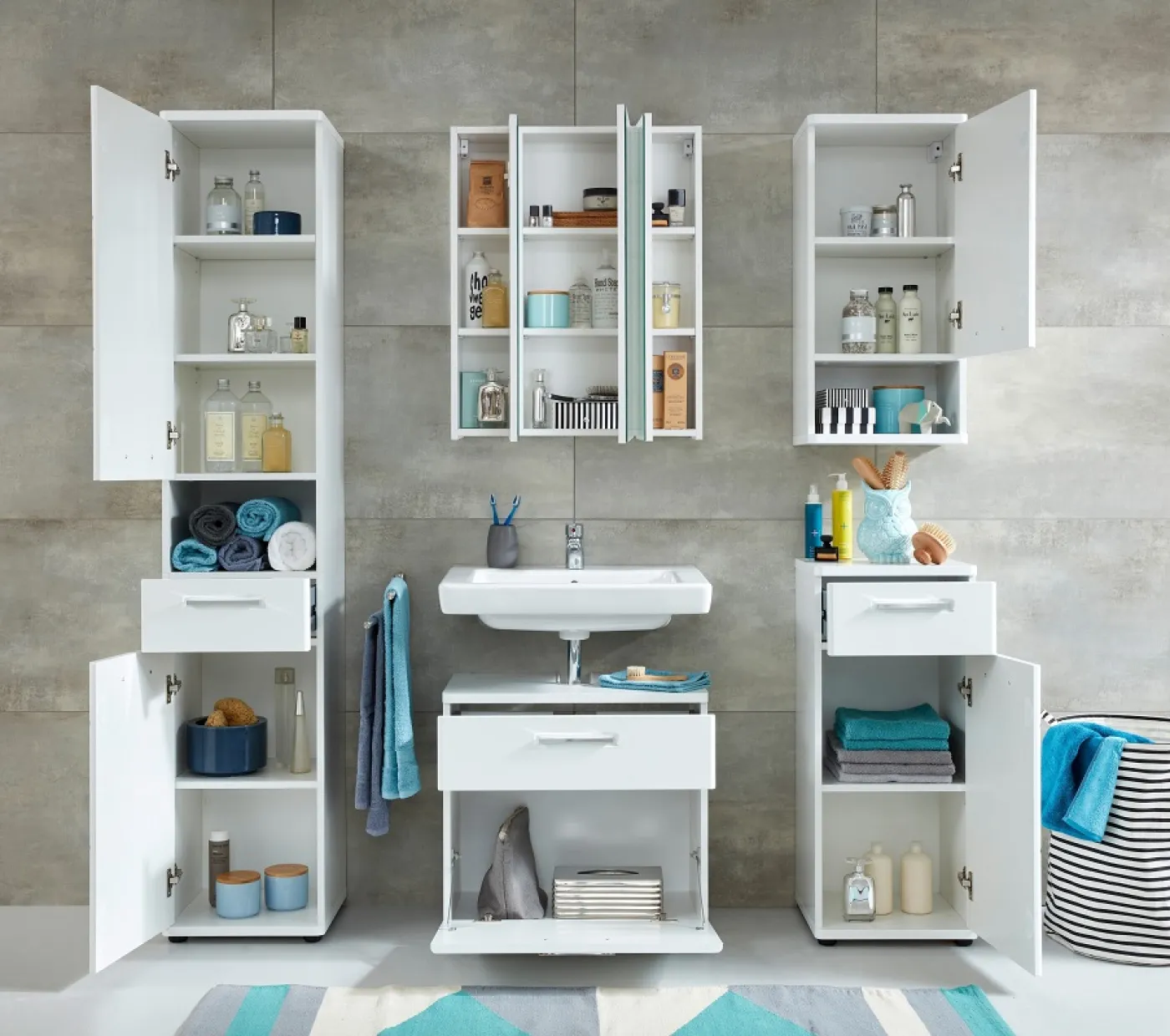 Badezimmer-Set Monte | weiß Hochglanz | 5-teilig ohne Aufsatzleuchte