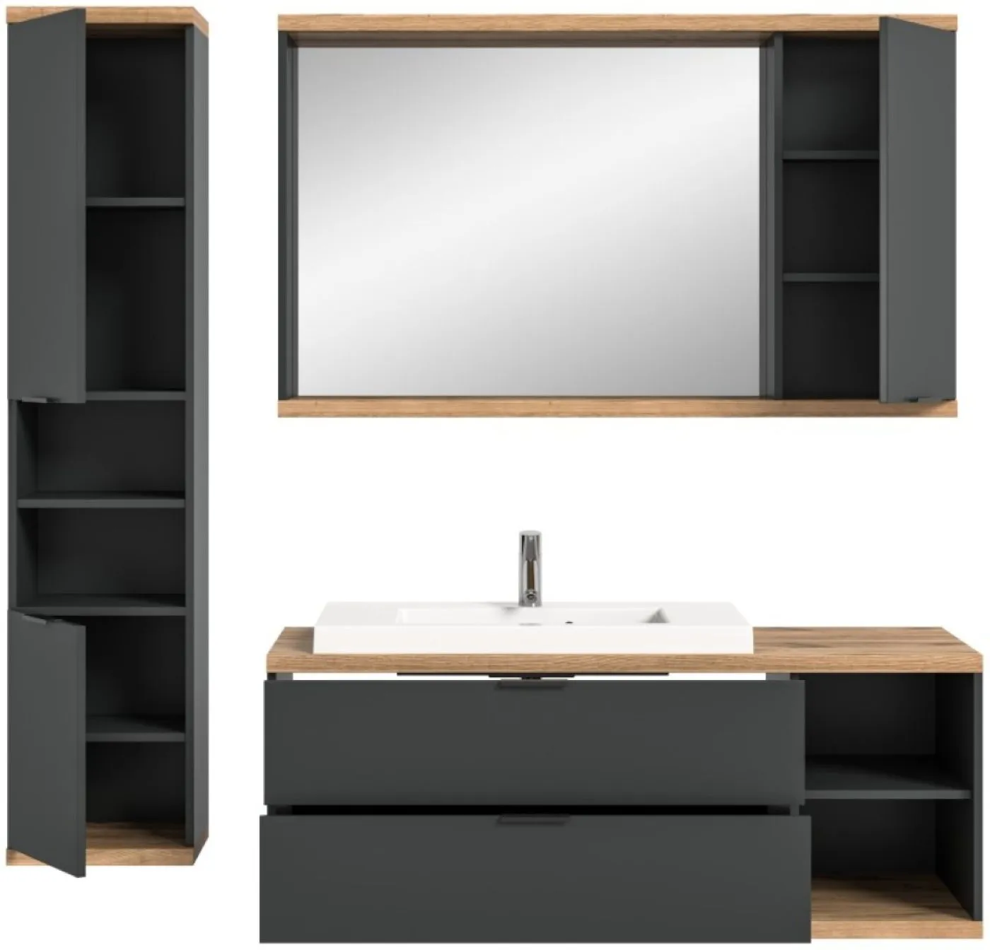 Badezimmer Set Nuaro | 3-teilig | Nox Oak / anthrazit grau mit Aufsatzleuchte