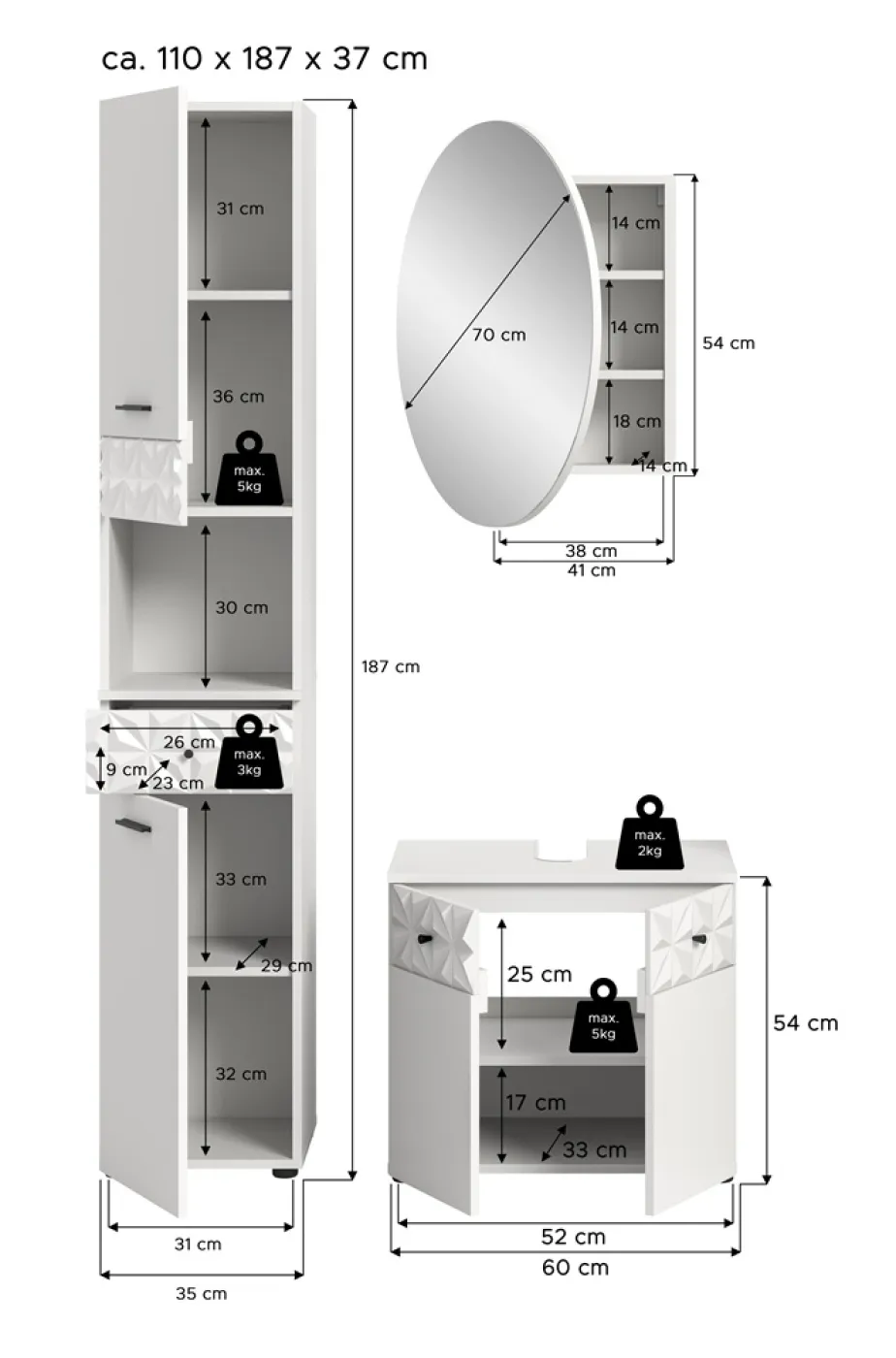 Badezimmer-Set Prisma 2 | weiß / weiß Hochglanz | 3-teilig | mit Beleuchtung