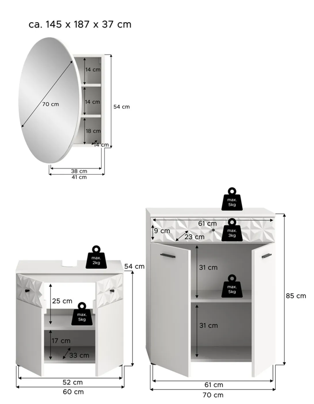 Badezimmer-Set Prisma 3 | weiß / weiß Hochglanz | 3-teilig | mit Beleuchtung