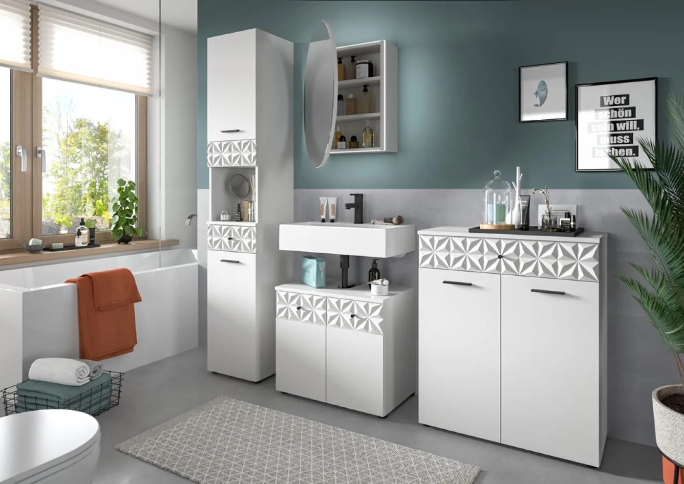 Badezimmer-Set Prisma 2 | weiß / weiß Hochglanz | 4-teilig | ohne Beleuchtung