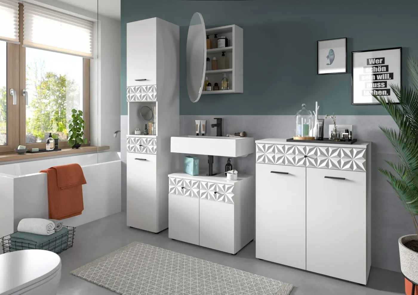 Badezimmer-Set Prisma 2 | weiß / weiß Hochglanz | 4-teilig | ohne Beleuchtung