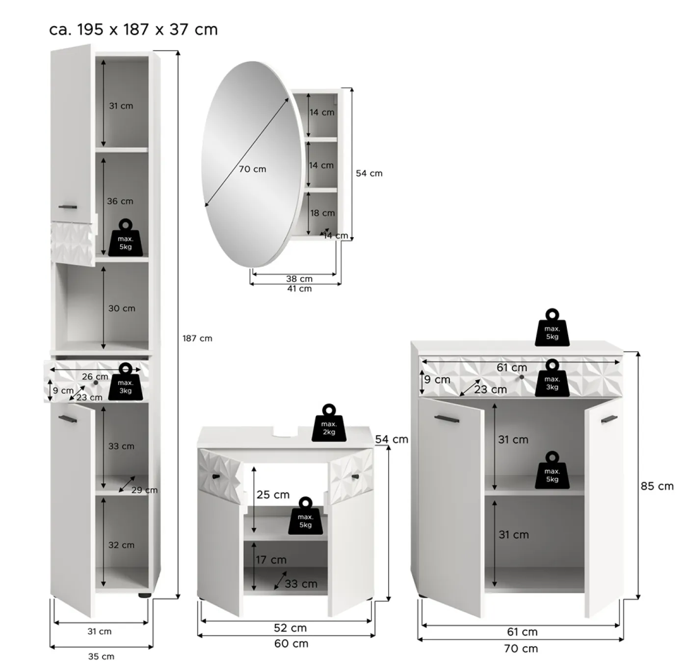 Badezimmer-Set Prisma 2 | weiß / weiß Hochglanz | 4-teilig | ohne Beleuchtung