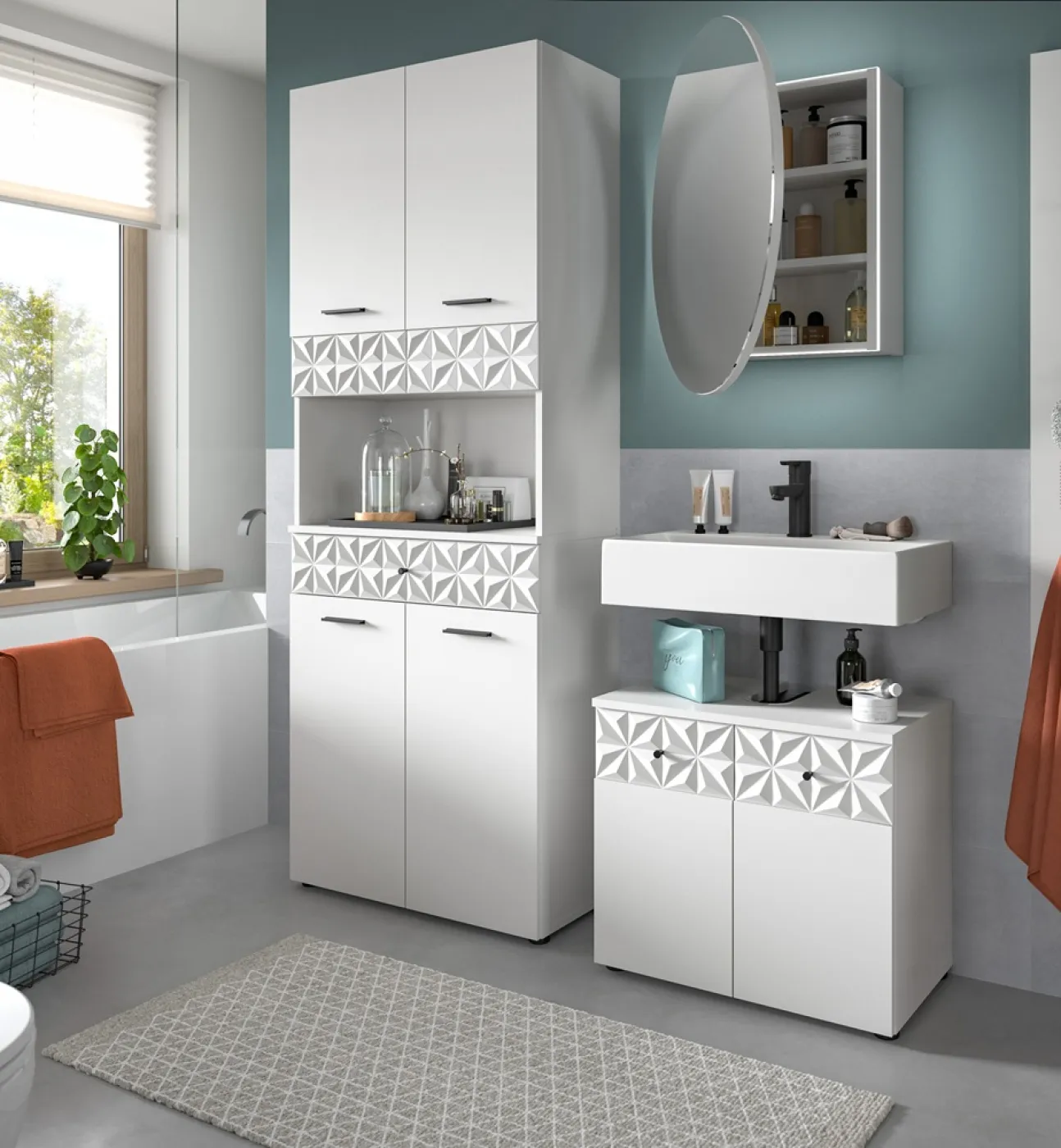 Badezimmer-Set Prisma | weiß / weiß Hochglanzl | 3-teilig | optional Beleuchtung