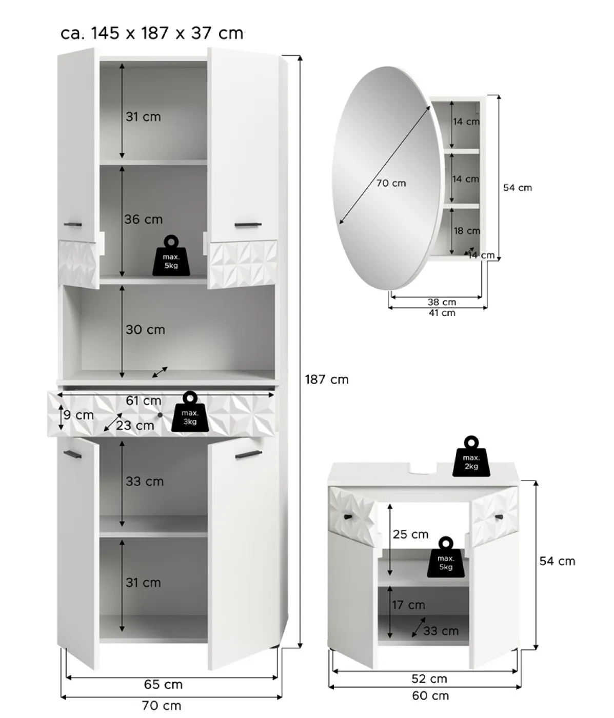 Badezimmer-Set Prisma | weiß / weiß Hochglanzl | 3-teilig | optional Beleuchtung
