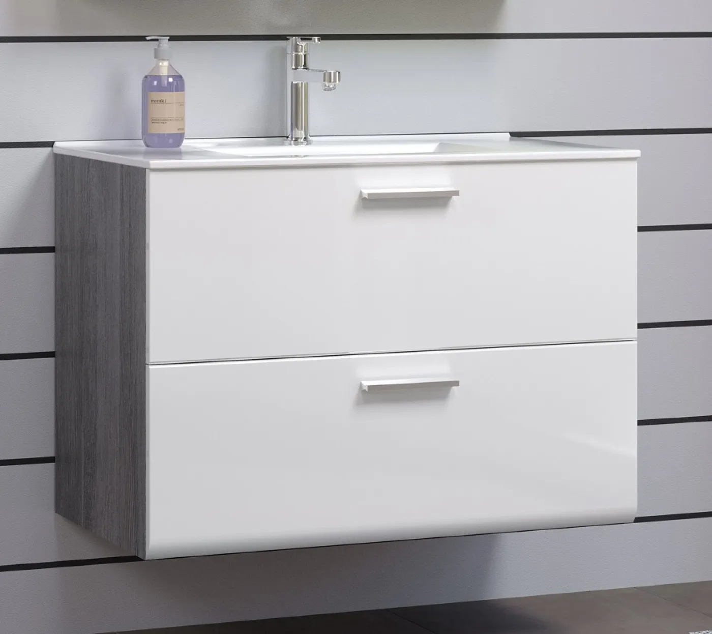 Badezimmer Set Riva 1 | inkl. Waschbecken | weiß / rauchsilber | 3-teilig mit Aufsatzleuchte