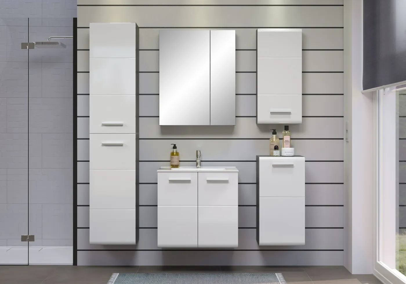 Badezimmer-Set Riva | inkl. Waschbecken | weiß / rauchsilber | 2-teilig ohne Aufsatzleuchte