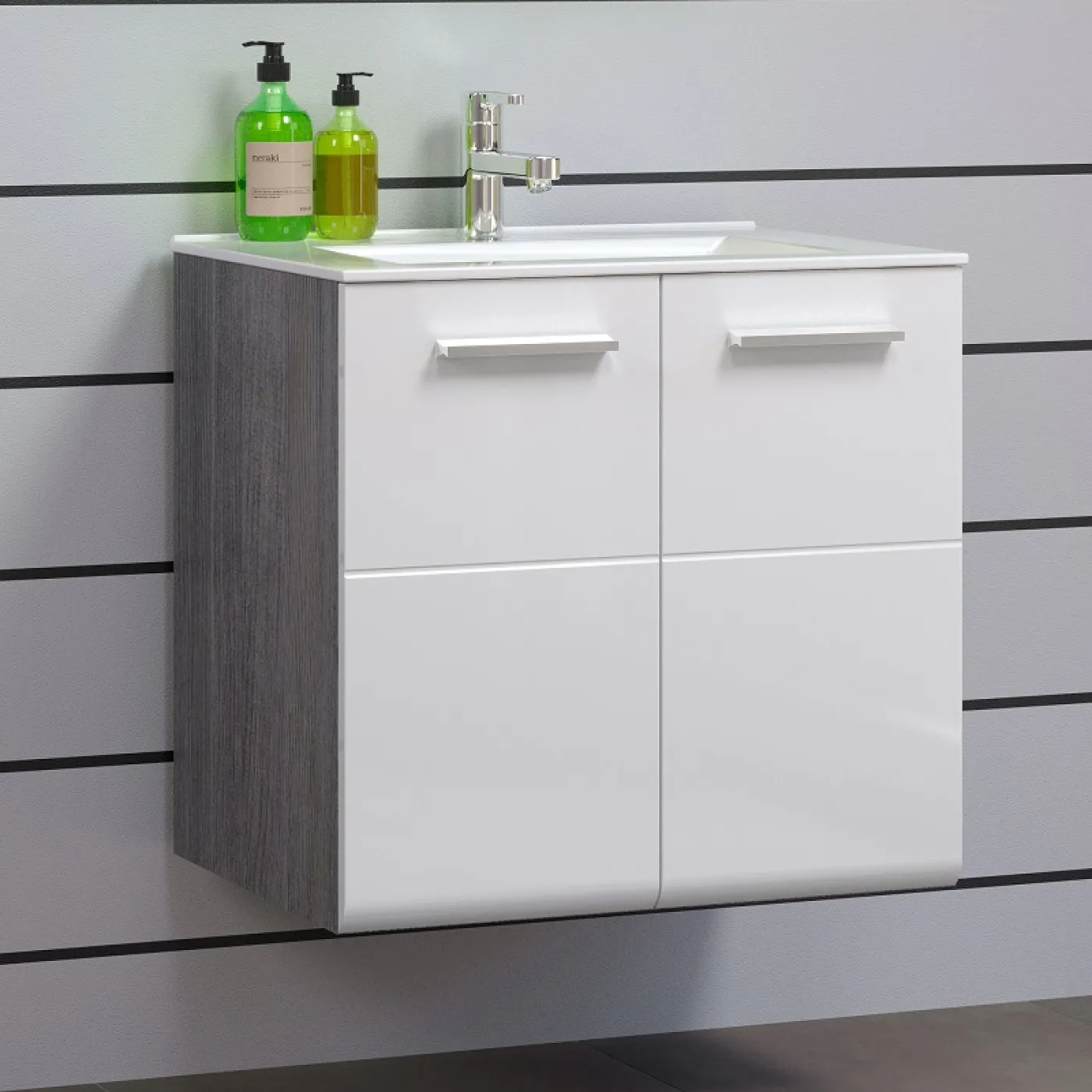 Badezimmer Set Riva | inkl. Waschbecken | weiß / rauchsilber | 3-teilig