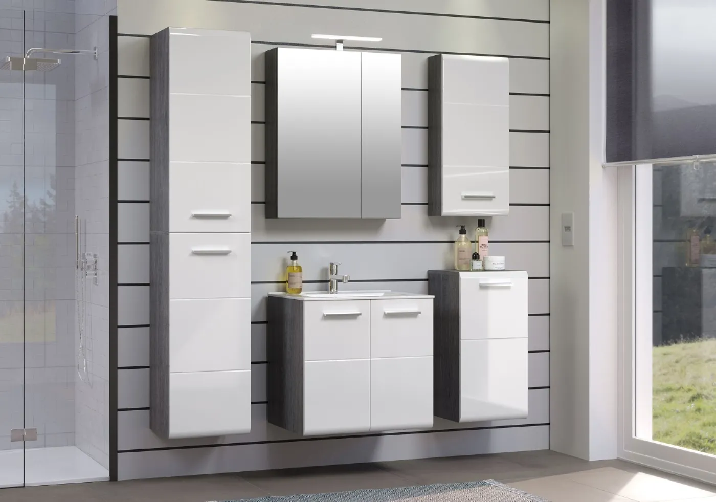 Badezimmer Set Riva | inkl. Waschbecken | weiß / rauchsilber | 3-teilig