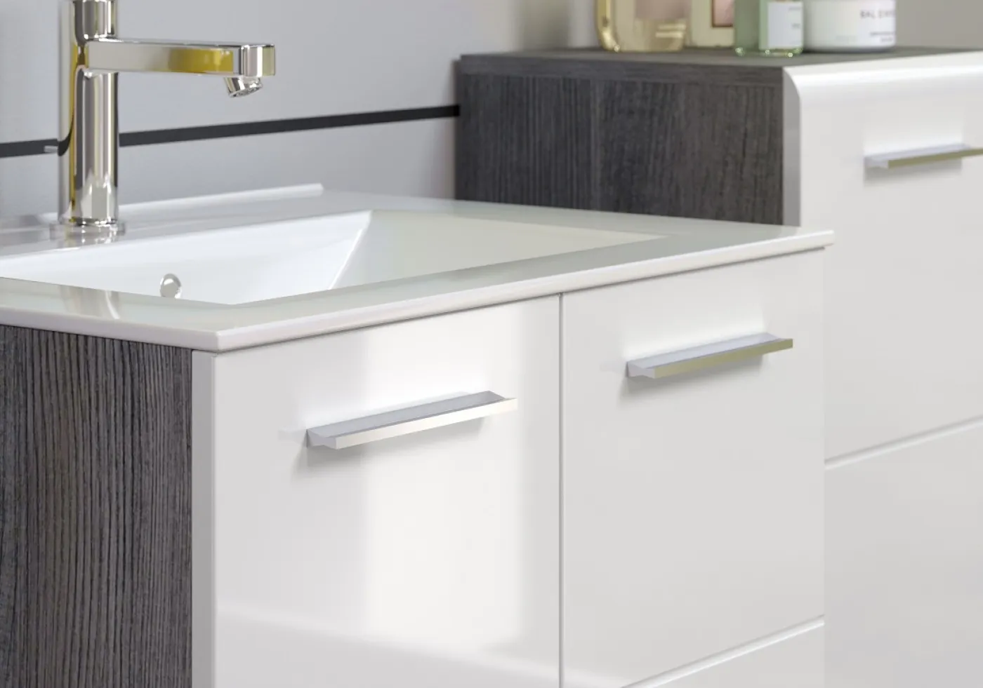 Badezimmer Set Riva | inkl. Waschbecken | weiß / rauchsilber | 3-teilig mit Aufsatzleuchte