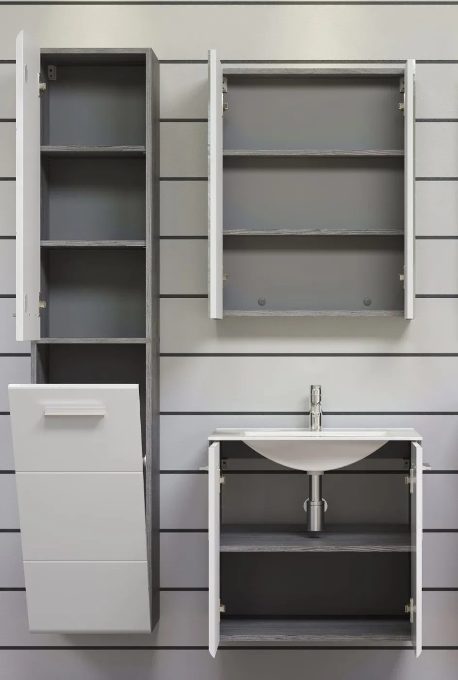 Badezimmer Set Riva | inkl. Waschbecken | weiß / rauchsilber | 3-teilig ohne Aufsatzleuchte