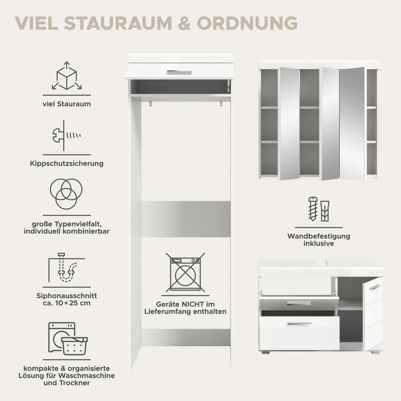 Badezimmer-Set Scout 1, 3-teilig, im Bad, Spiegelschrank, Waschtisch mit Unterschrank, Säule mit Waschmaschinenschrank – Ansicht 8