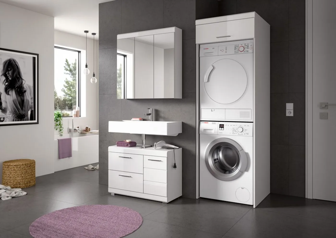 Badezimmer-Set Scout 1, 3-teilig, im Bad, Spiegelschrank, Waschtisch mit Unterschrank, Säule mit Waschmaschinenschrank – Ansicht 9