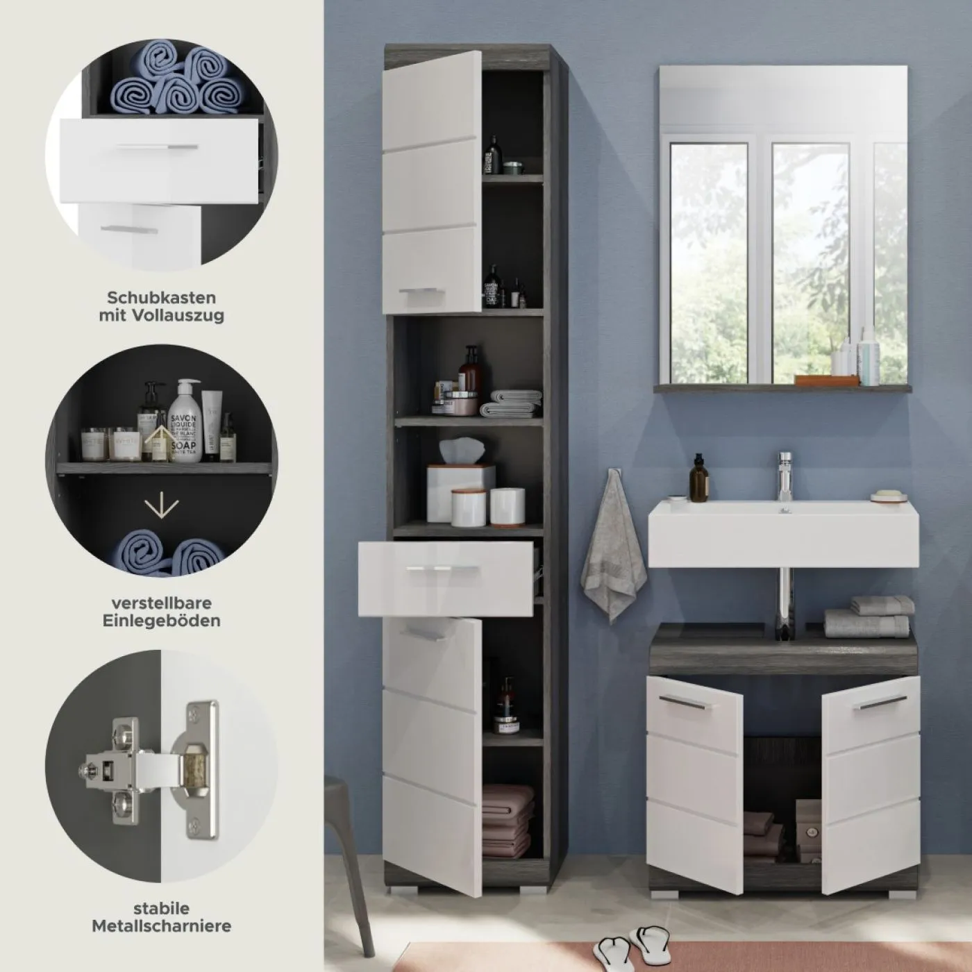 Badezimmer-Set Scout 1a | weiß Hochglanz / rauchsilber | 3-teilig