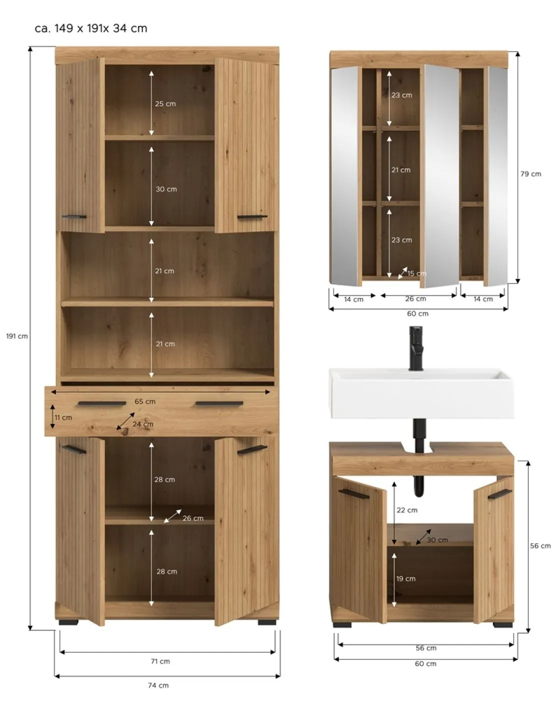 Badezimmer-Set Scout 2 | Artisan Eiche | 3-teilig ohne Aufsatzleuchte