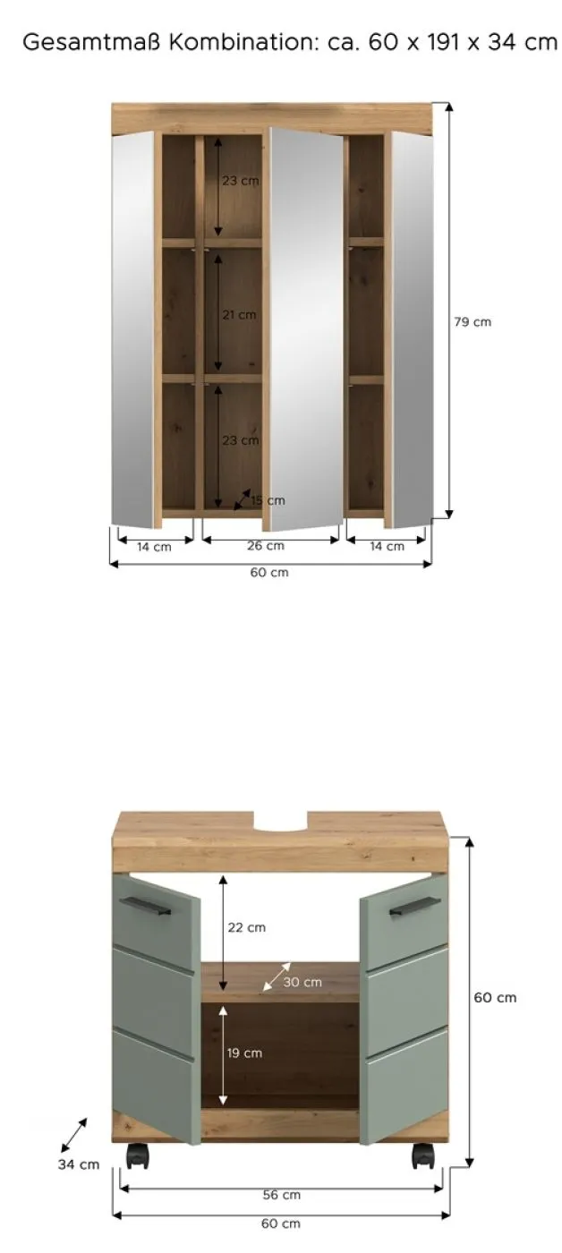 Badezimmer-Set Scout 2 auf Rollen | Salbei / Artisan Eiche | 2-teilig ohne